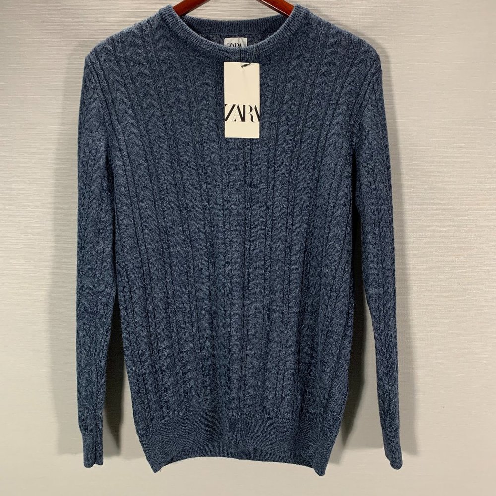 Zara Sweater Men Medium Blue Wool Blend Cable Knit Long Sleeve Rib Hem Cuffs NEW